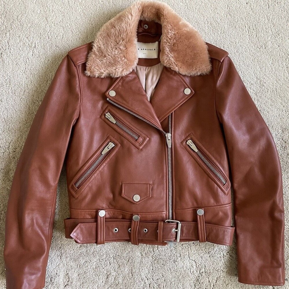 THE ARRIVALS RARE Moto Leather Belted Jacket with Fur Insulated